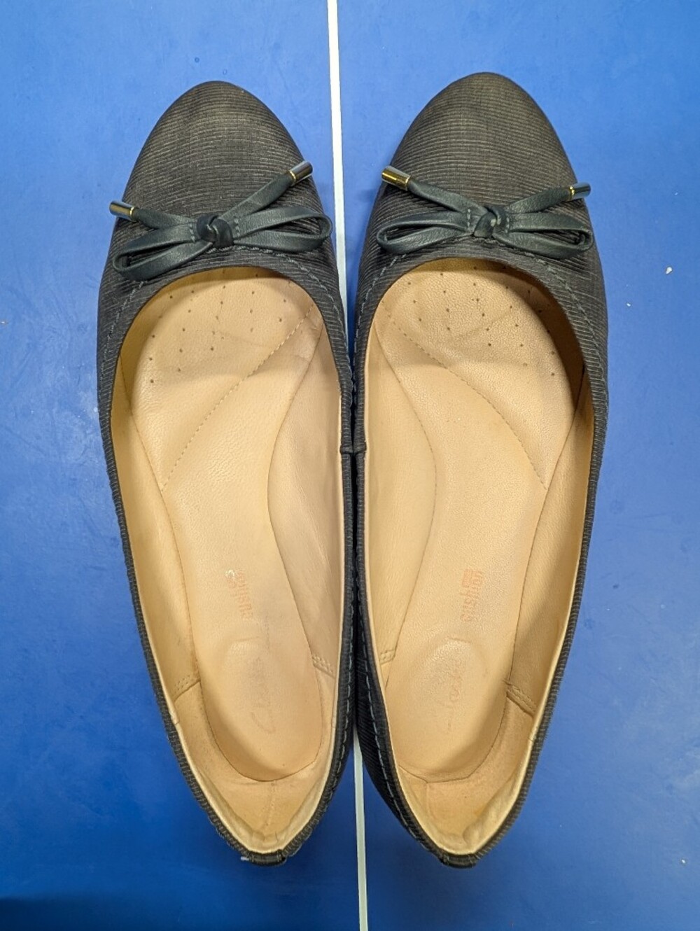 Clarks Dark Grey Textured Ballet Flats with Bow Trim (Cushioned Insole)